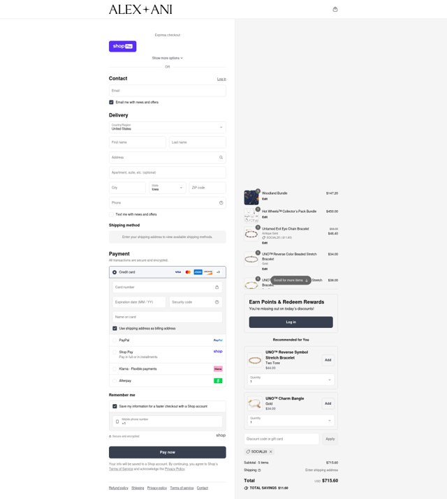 Alex and Ani checkout page showing Alex and Ani discount code box | Screenshot taken by SimplyCodes community member on Aug 26, 2025
