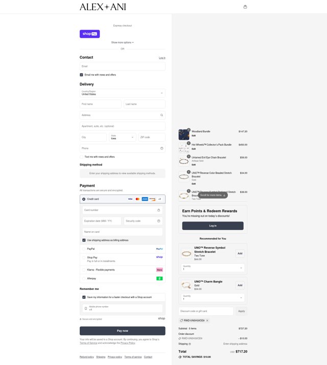 Alex and Ani checkout page showing Alex and Ani discount code box | Screenshot taken by SimplyCodes community member on Aug 26, 2025