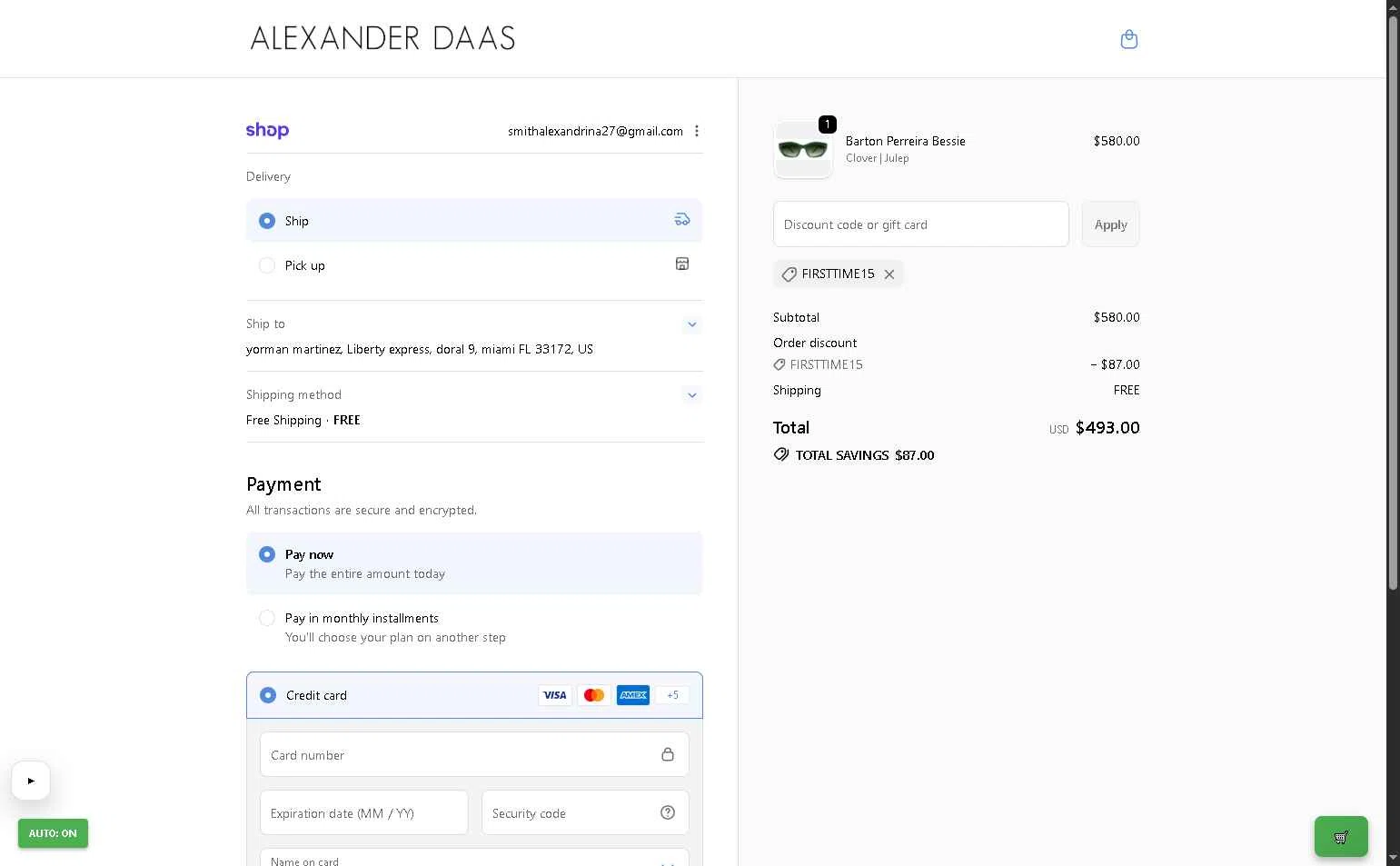 ALEXANDER DAAS checkout page showing ALEXANDER DAAS promo code box | Screenshot taken by SimplyCodes community member on Jan 4, 2026