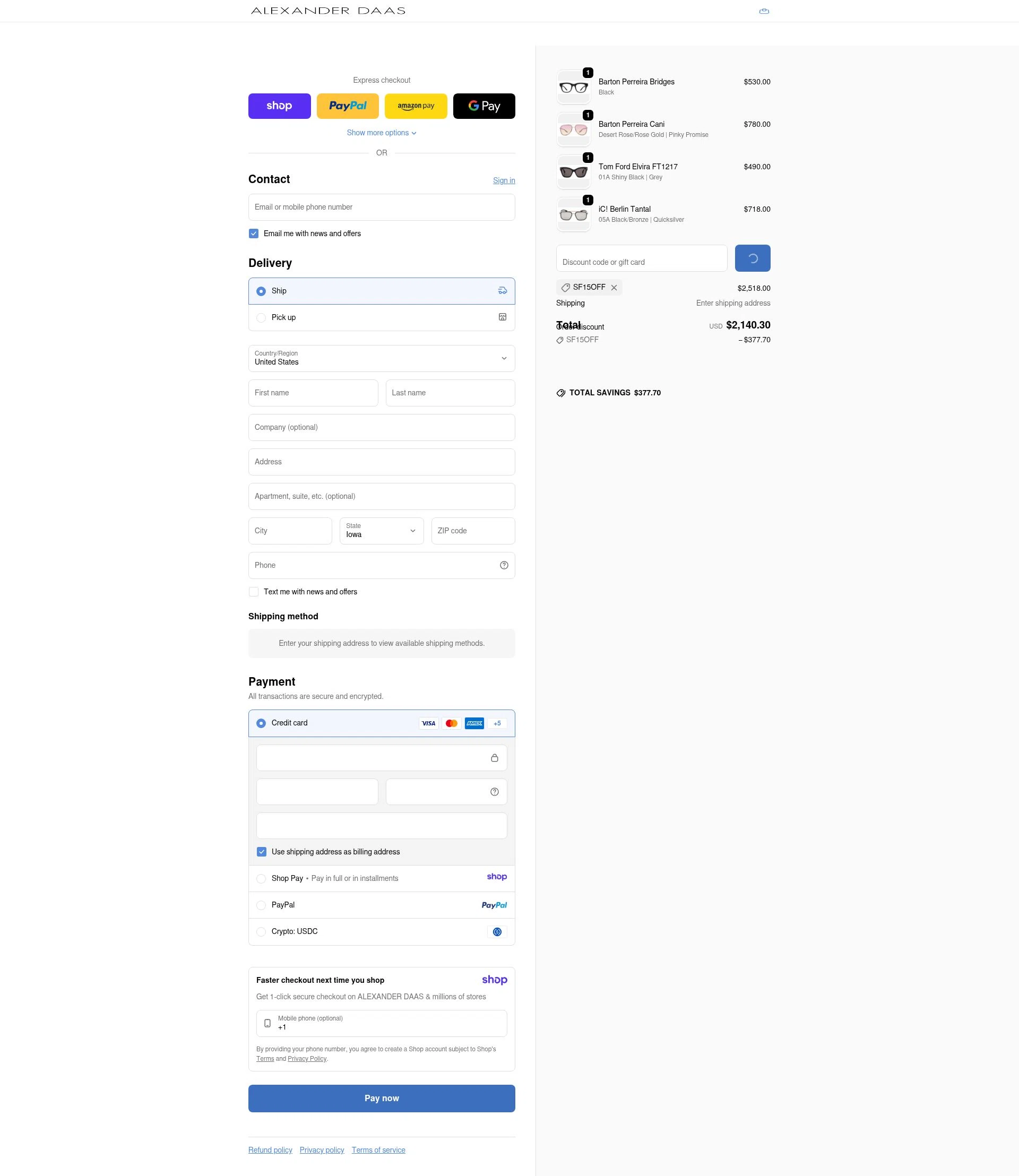 ALEXANDER DAAS checkout page showing ALEXANDER DAAS promo code box | Screenshot taken by SimplyCodes community member on Jan 9, 2026
