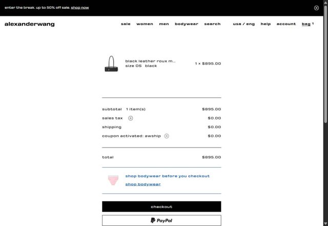 Alexander Wang checkout page showing Alexander Wang promo code box | Screenshot taken by SimplyCodes community member on Aug 14, 2025
