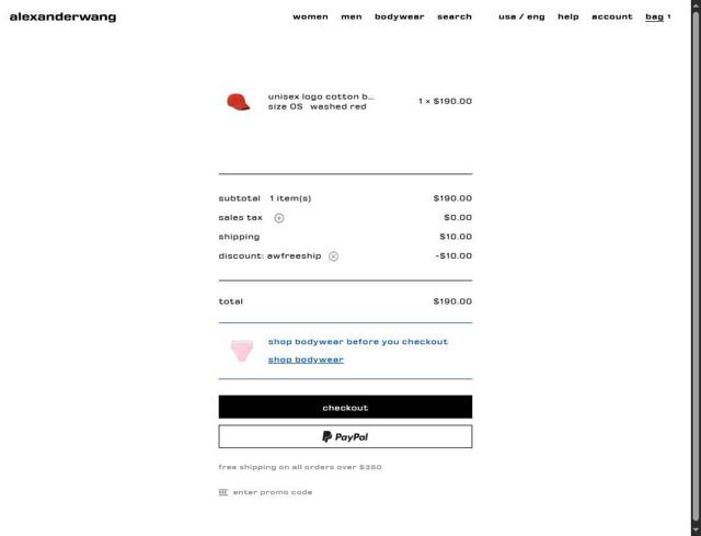 Alexander Wang checkout page showing Alexander Wang promo code box | Screenshot taken by SimplyCodes community member on Sep 5, 2025