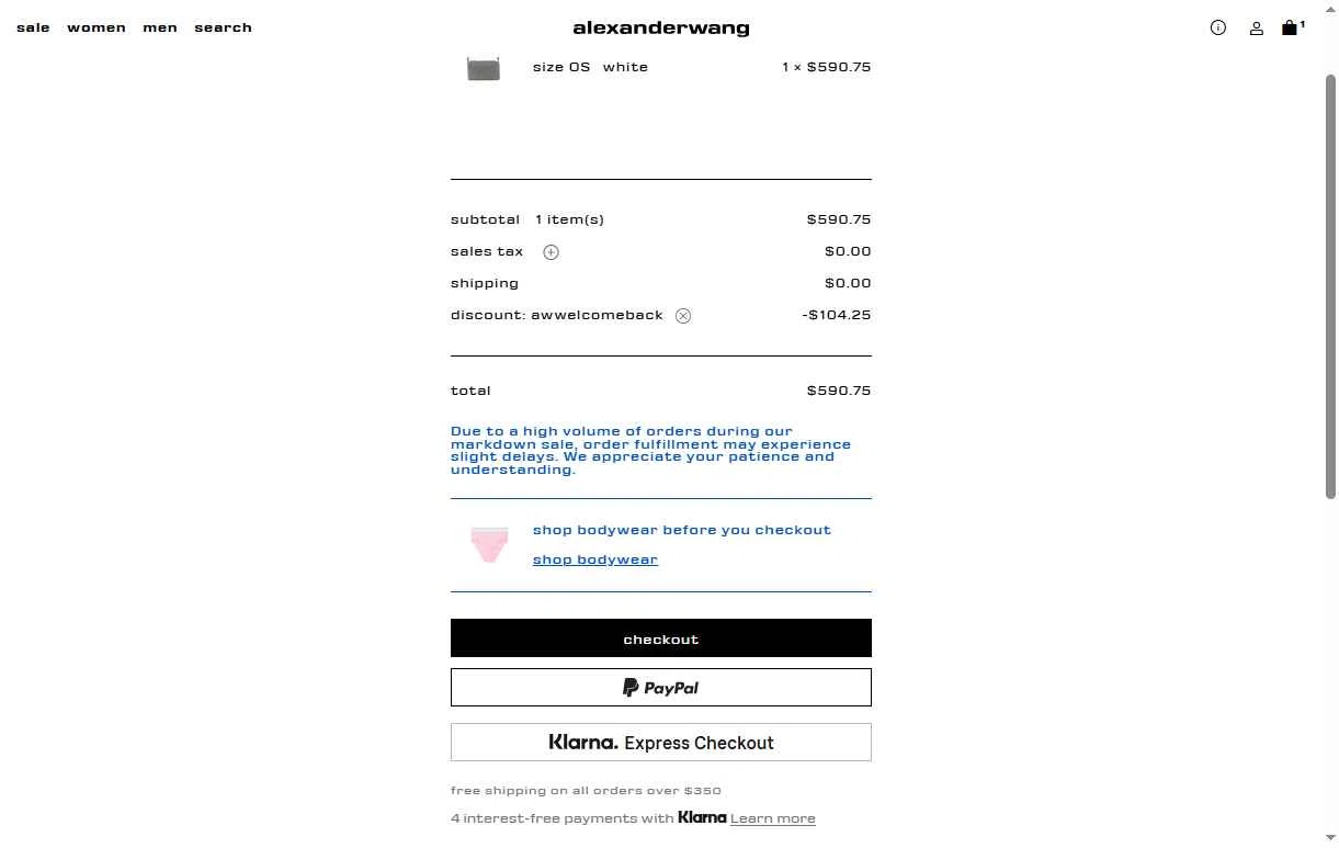 Alexander Wang checkout page showing Alexander Wang promo code box | Screenshot taken by SimplyCodes community member on Nov 21, 2025