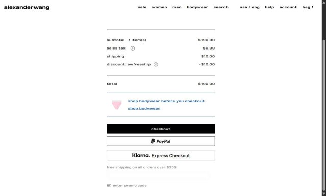 Alexander Wang checkout page showing Alexander Wang promo code box | Screenshot taken by SimplyCodes community member on Aug 14, 2025