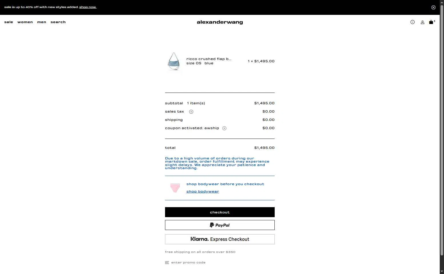 Alexander Wang checkout page showing Alexander Wang promo code box | Screenshot taken by SimplyCodes community member on Jan 15, 2026