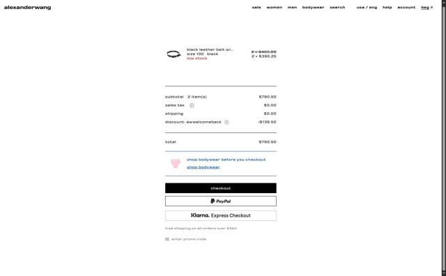 Alexander Wang checkout page showing Alexander Wang promo code box | Screenshot taken by SimplyCodes community member on Aug 18, 2025