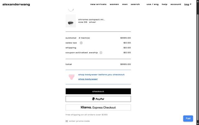 Alexander Wang checkout page showing Alexander Wang promo code box | Screenshot taken by SimplyCodes community member on Sep 27, 2025