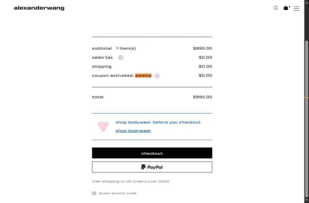 Alexander Wang checkout page showing Alexander Wang promo code box | Screenshot taken by SimplyCodes community member on Feb 17, 2026