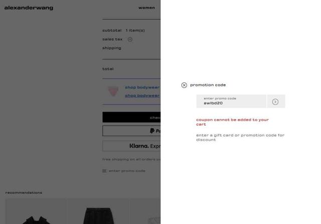 Alexander Wang checkout page showing Alexander Wang promo code box | Screenshot taken by SimplyCodes community member on Sep 9, 2025