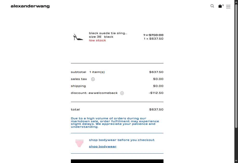 Alexander Wang checkout page showing Alexander Wang promo code box | Screenshot taken by SimplyCodes community member on Dec 24, 2025