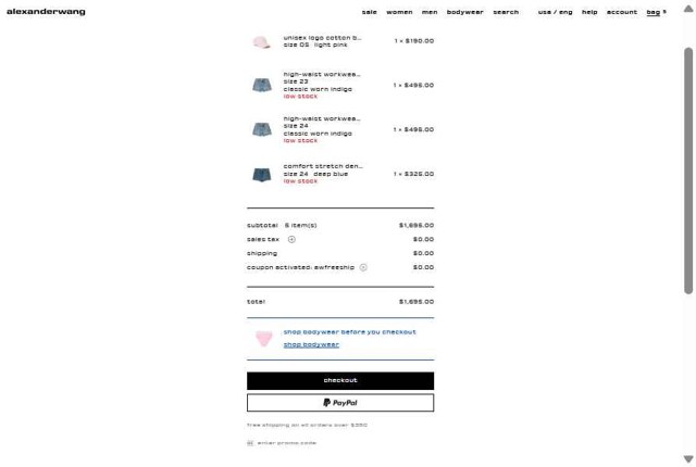 Alexander Wang checkout page showing Alexander Wang promo code box | Screenshot taken by SimplyCodes community member on Aug 25, 2025