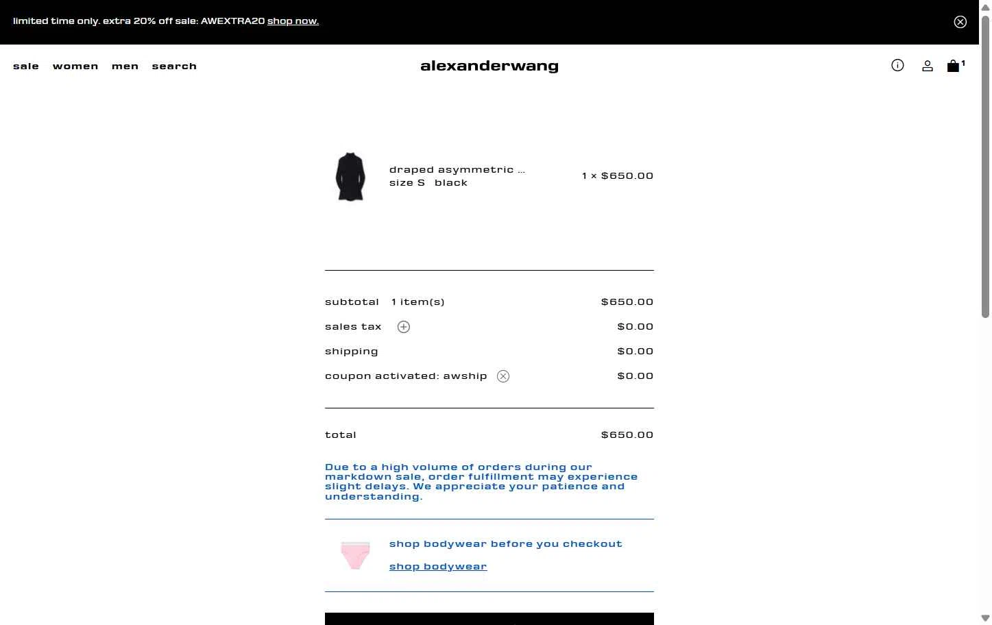 Alexander Wang checkout page showing Alexander Wang promo code box | Screenshot taken by SimplyCodes community member on Dec 2, 2025