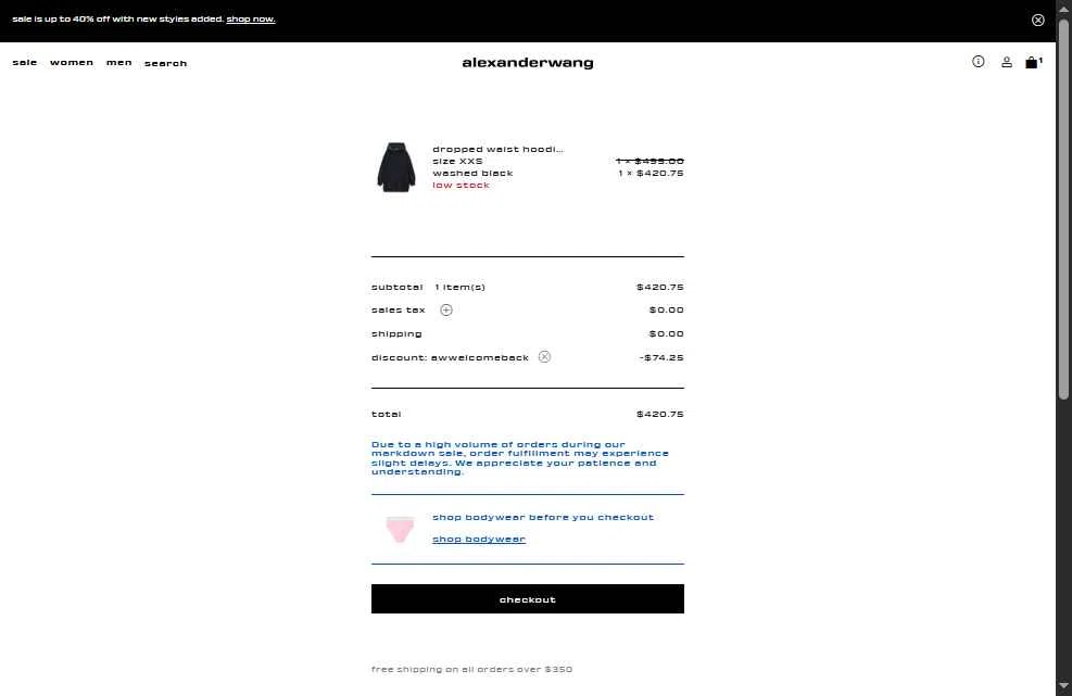 Alexander Wang checkout page showing Alexander Wang promo code box | Screenshot taken by SimplyCodes community member on Jan 13, 2026