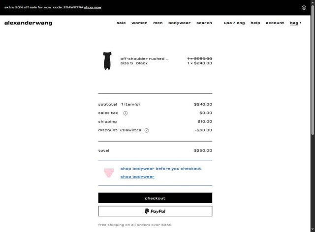 Alexander Wang checkout page showing Alexander Wang promo code box | Screenshot taken by SimplyCodes community member on Aug 8, 2025