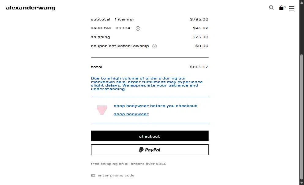 Alexander Wang checkout page showing Alexander Wang promo code box | Screenshot taken by SimplyCodes community member on Jan 26, 2026