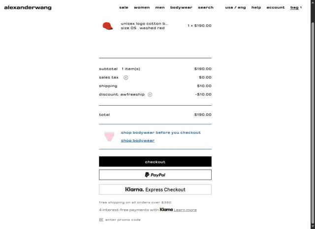 Alexander Wang checkout page showing Alexander Wang promo code box | Screenshot taken by SimplyCodes community member on Aug 3, 2025