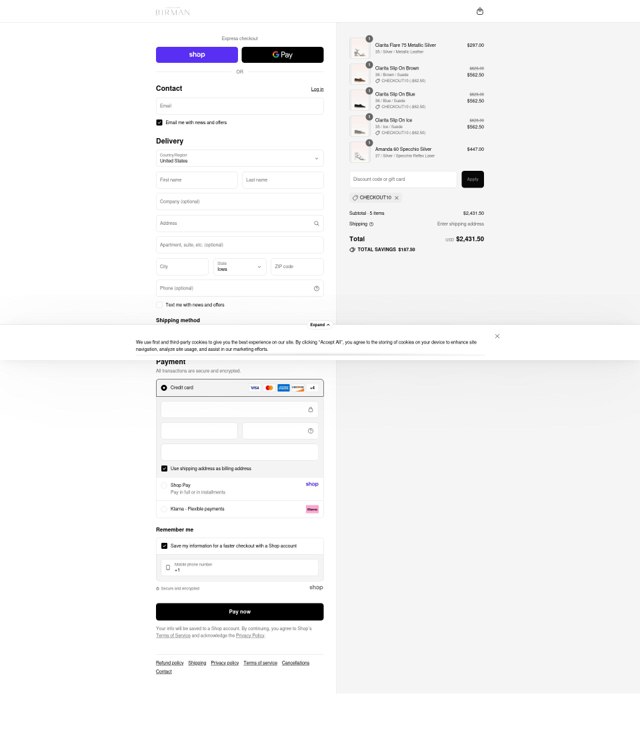 Alexandre Birman checkout page showing Alexandre Birman promo code box | Screenshot taken by SimplyCodes community member on Aug 29, 2025