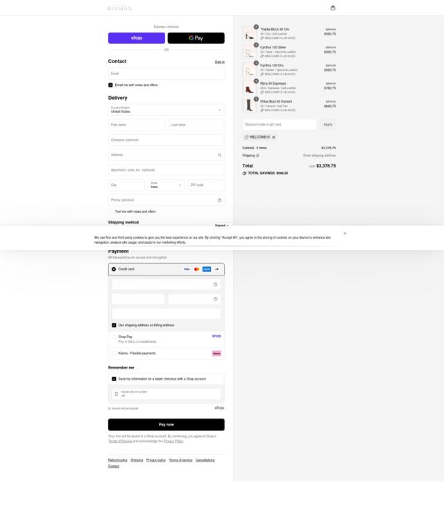 Alexandre Birman checkout page showing Alexandre Birman promo code box | Screenshot taken by SimplyCodes community member on Sep 15, 2025