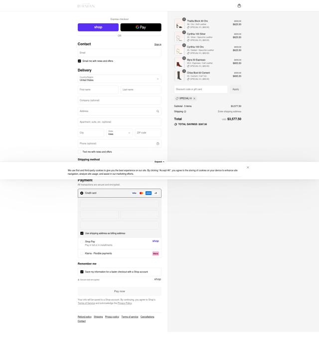 Alexandre Birman checkout page showing Alexandre Birman promo code box | Screenshot taken by SimplyCodes community member on Sep 15, 2025