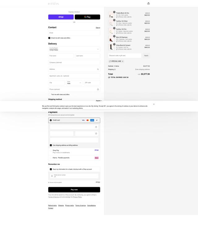 Alexandre Birman checkout page showing Alexandre Birman promo code box | Screenshot taken by SimplyCodes community member on Sep 15, 2025