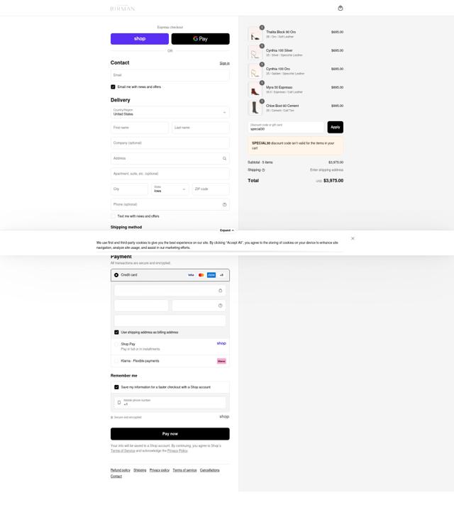 Alexandre Birman checkout page showing Alexandre Birman promo code box | Screenshot taken by SimplyCodes community member on Sep 15, 2025