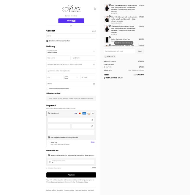 Alex Evenings checkout page showing Alex Evenings discount code box | Screenshot taken by SimplyCodes community member on Aug 22, 2025