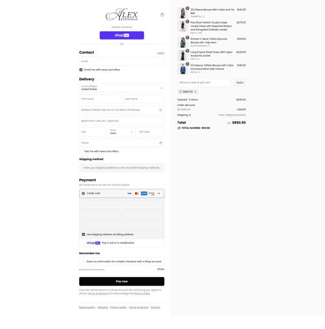Alex Evenings checkout page showing Alex Evenings discount code box | Screenshot taken by SimplyCodes community member on Jul 31, 2025