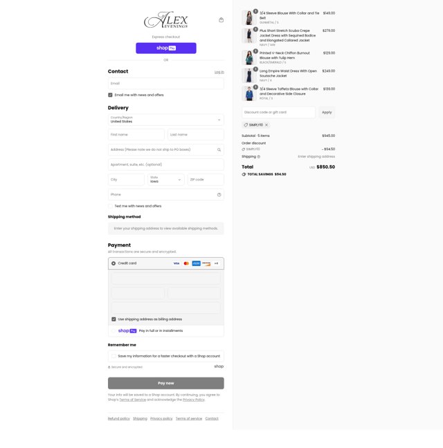 Alex Evenings checkout page showing Alex Evenings discount code box | Screenshot taken by SimplyCodes community member on Jul 27, 2025