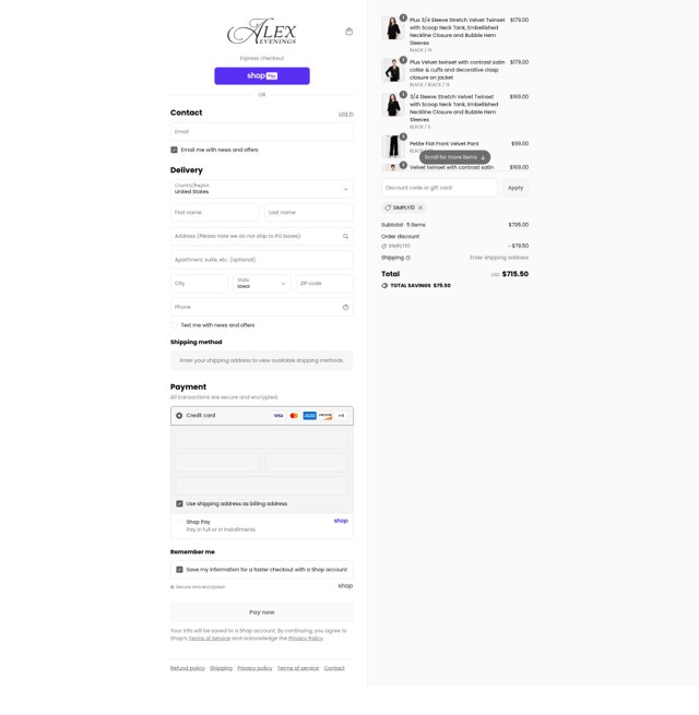 Alex Evenings checkout page showing Alex Evenings discount code box | Screenshot taken by SimplyCodes community member on Aug 17, 2025