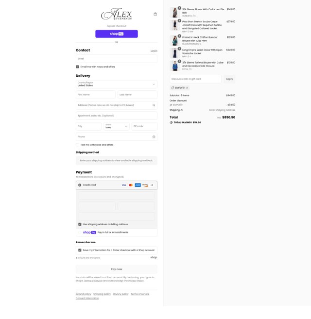 Alex Evenings checkout page showing Alex Evenings discount code box | Screenshot taken by SimplyCodes community member on Jul 23, 2025