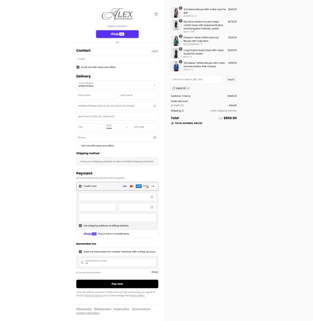Alex Evenings checkout page showing Alex Evenings discount code box | Screenshot taken by SimplyCodes community member on Jul 19, 2025