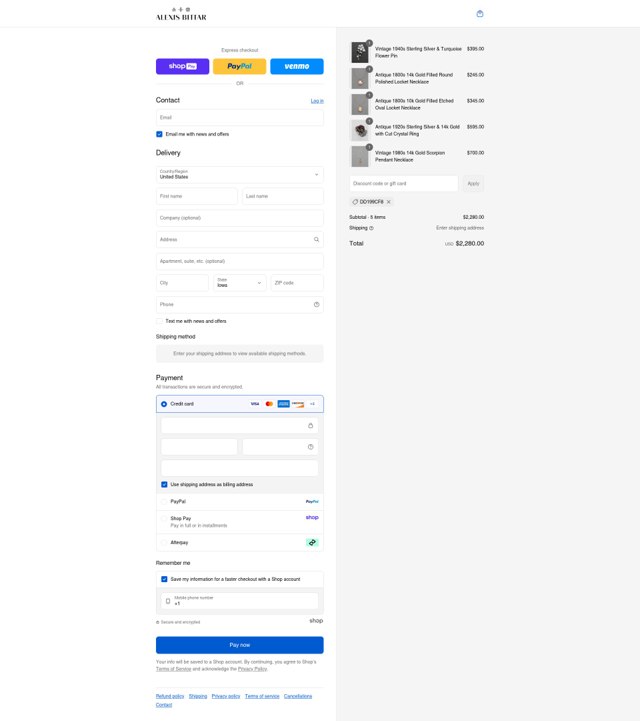 Alexis Bittar checkout page showing Alexis Bittar promo code box | Screenshot taken by SimplyCodes community member on Aug 23, 2025