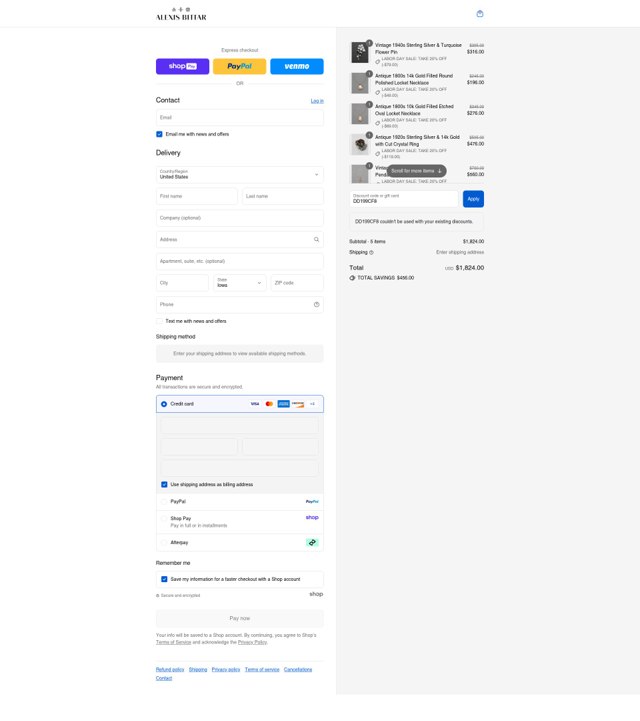 Alexis Bittar checkout page showing Alexis Bittar promo code box | Screenshot taken by SimplyCodes community member on Aug 27, 2025