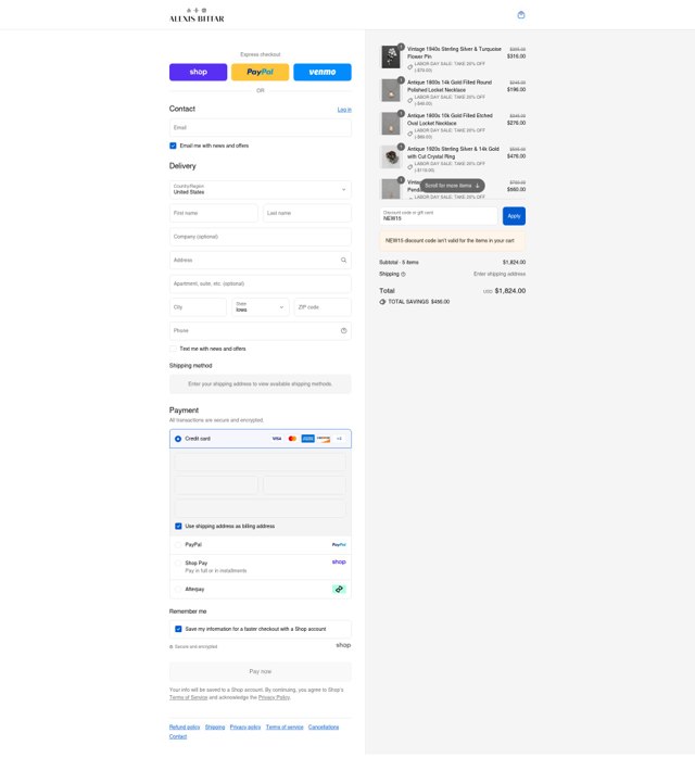 Alexis Bittar checkout page showing Alexis Bittar promo code box | Screenshot taken by SimplyCodes community member on Aug 31, 2025