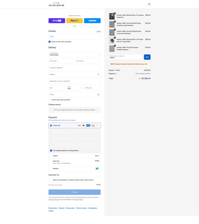 Alexis Bittar checkout page showing Alexis Bittar promo code box | Screenshot taken by SimplyCodes community member on Aug 17, 2025