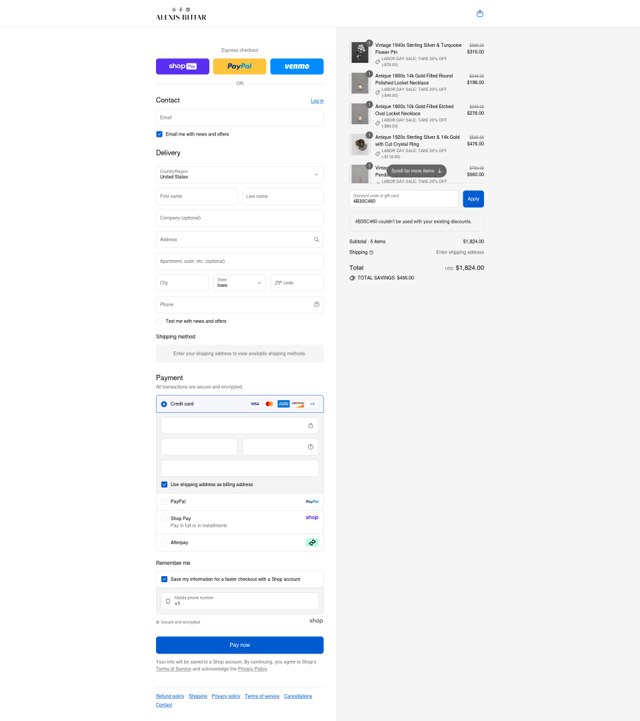 Alexis Bittar checkout page showing Alexis Bittar promo code box | Screenshot taken by SimplyCodes community member on Aug 27, 2025