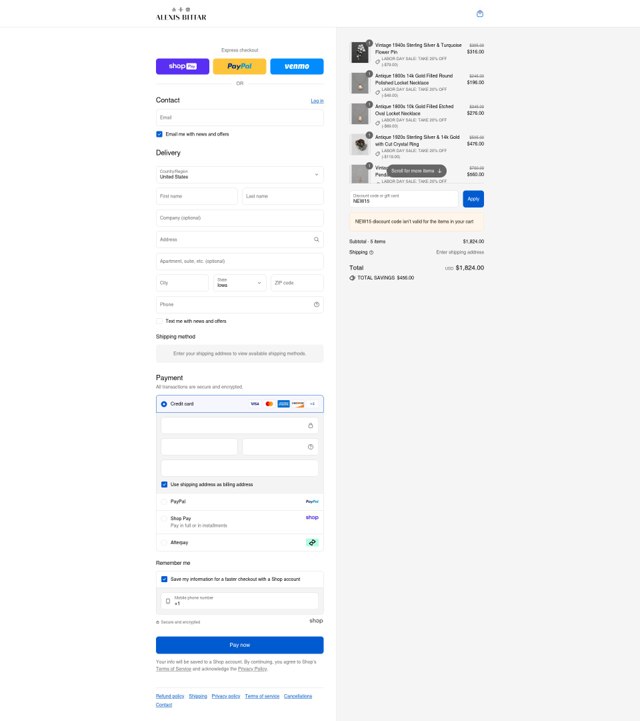 Alexis Bittar checkout page showing Alexis Bittar promo code box | Screenshot taken by SimplyCodes community member on Aug 27, 2025