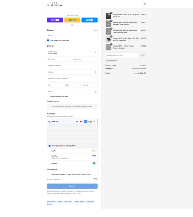 Alexis Bittar checkout page showing Alexis Bittar promo code box | Screenshot taken by SimplyCodes community member on Aug 17, 2025