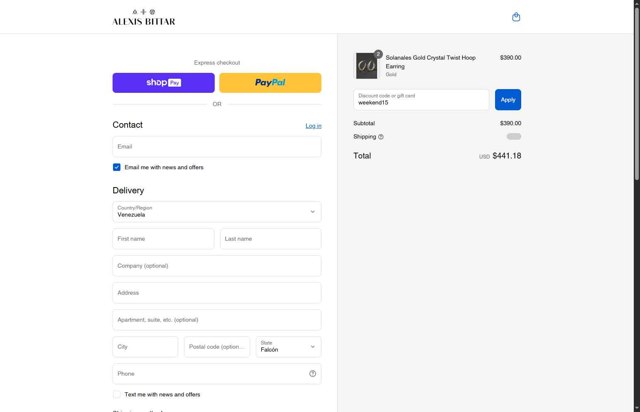 Alexis Bittar checkout page showing Alexis Bittar promo code box | Screenshot taken by SimplyCodes community member on Aug 28, 2025