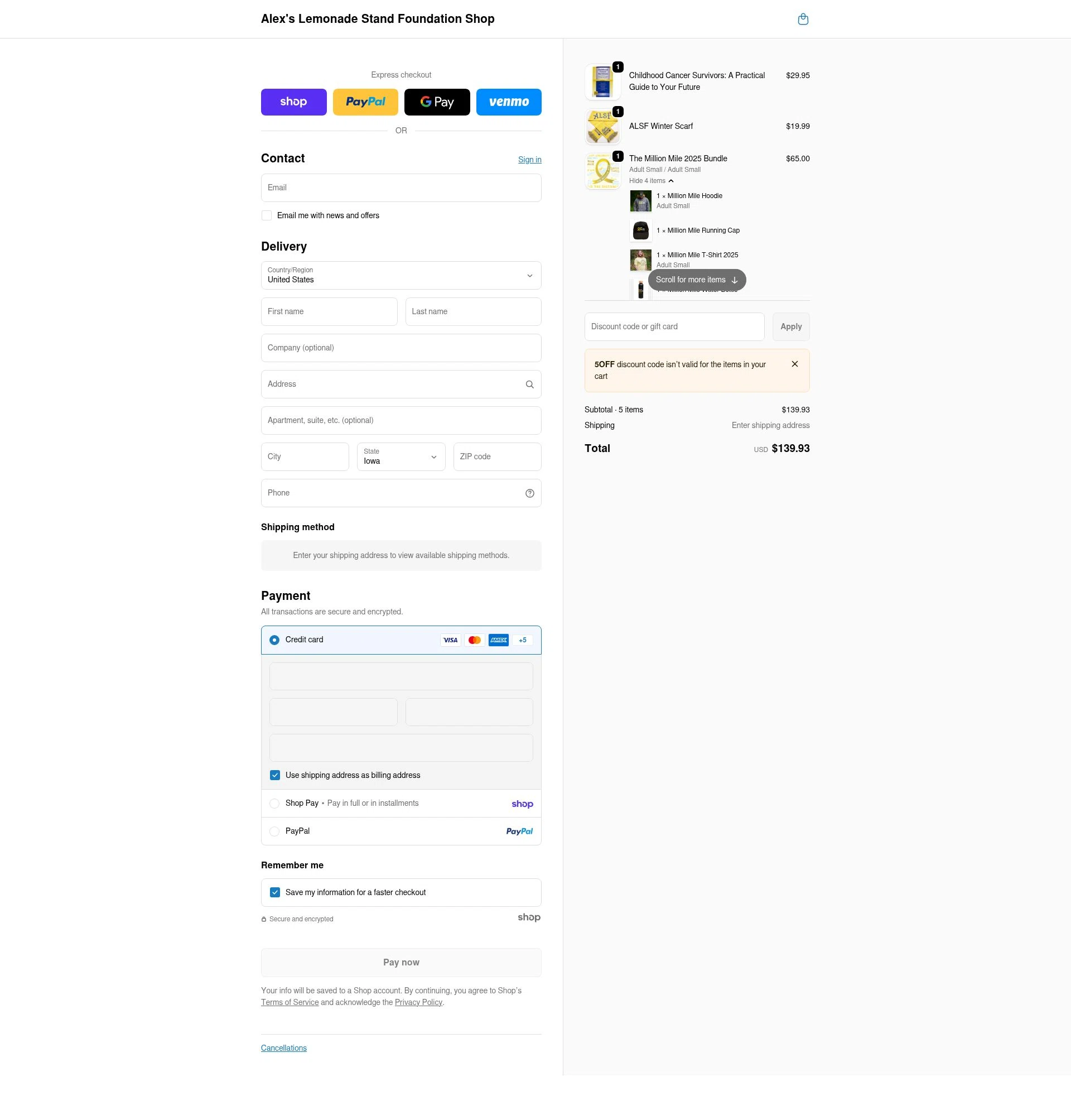 Alex’s Lemonade Stand Foundation checkout page showing Alex’s Lemonade Stand Foundation promo code box | Screenshot taken by SimplyCodes community member on Jan 23, 2026