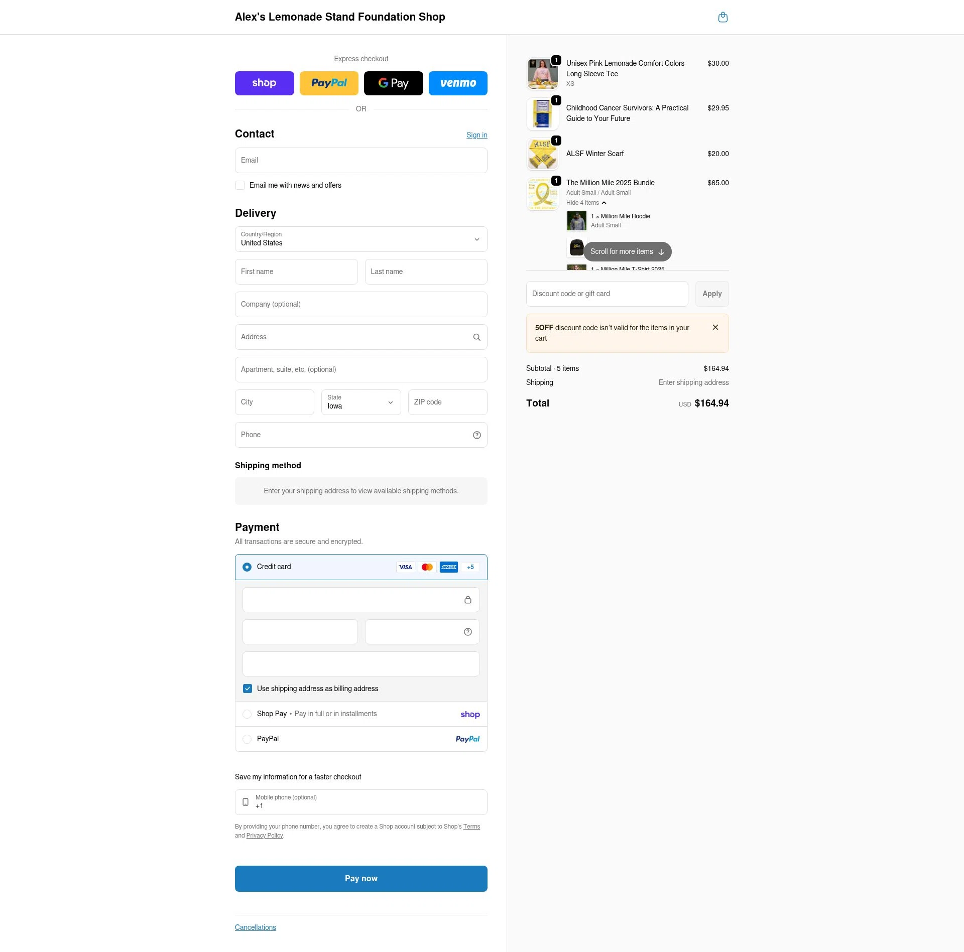 Alex’s Lemonade Stand Foundation checkout page showing Alex’s Lemonade Stand Foundation promo code box | Screenshot taken by SimplyCodes community member on Feb 18, 2026