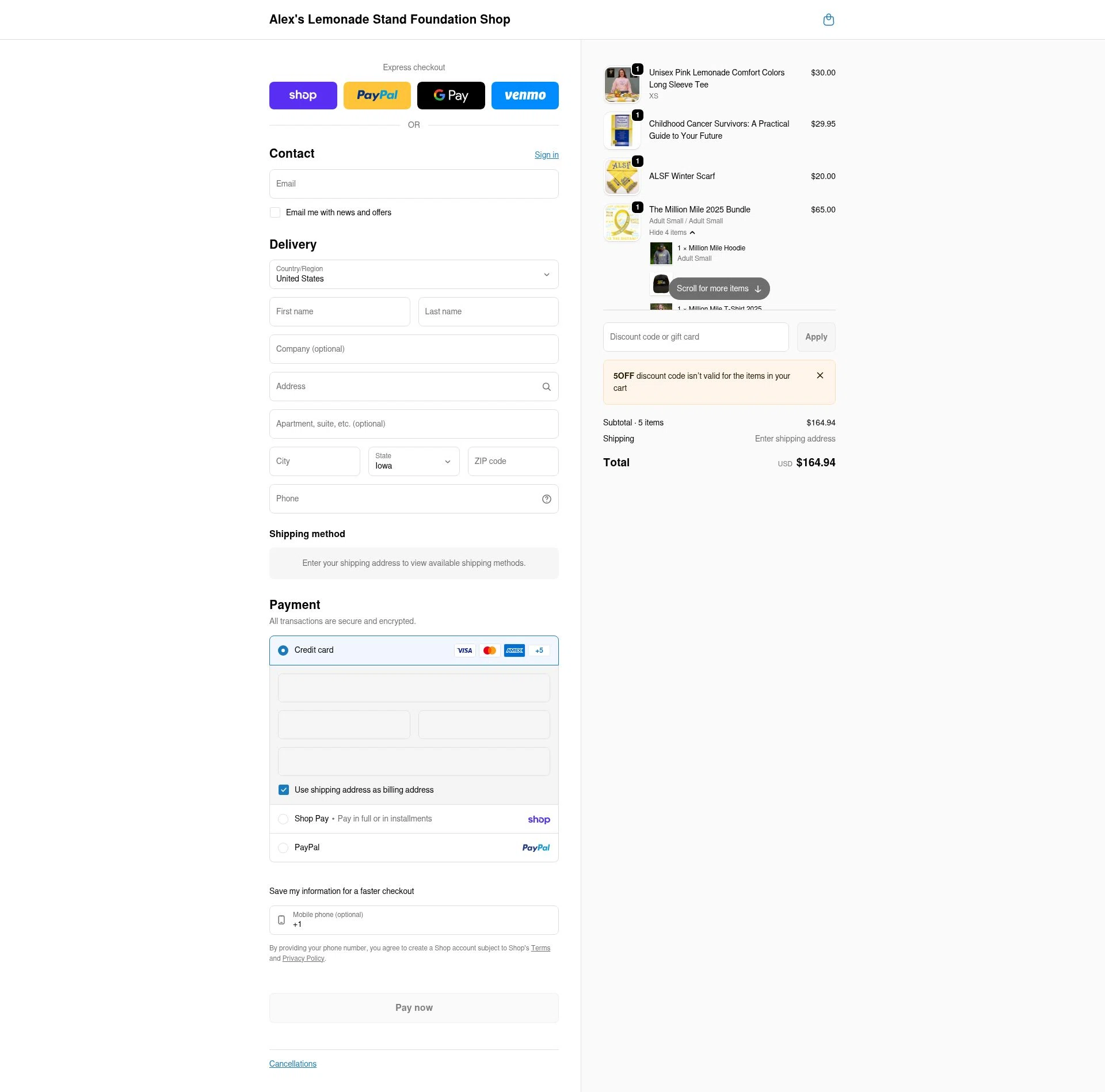 Alex’s Lemonade Stand Foundation checkout page showing Alex’s Lemonade Stand Foundation promo code box | Screenshot taken by SimplyCodes community member on Feb 23, 2026