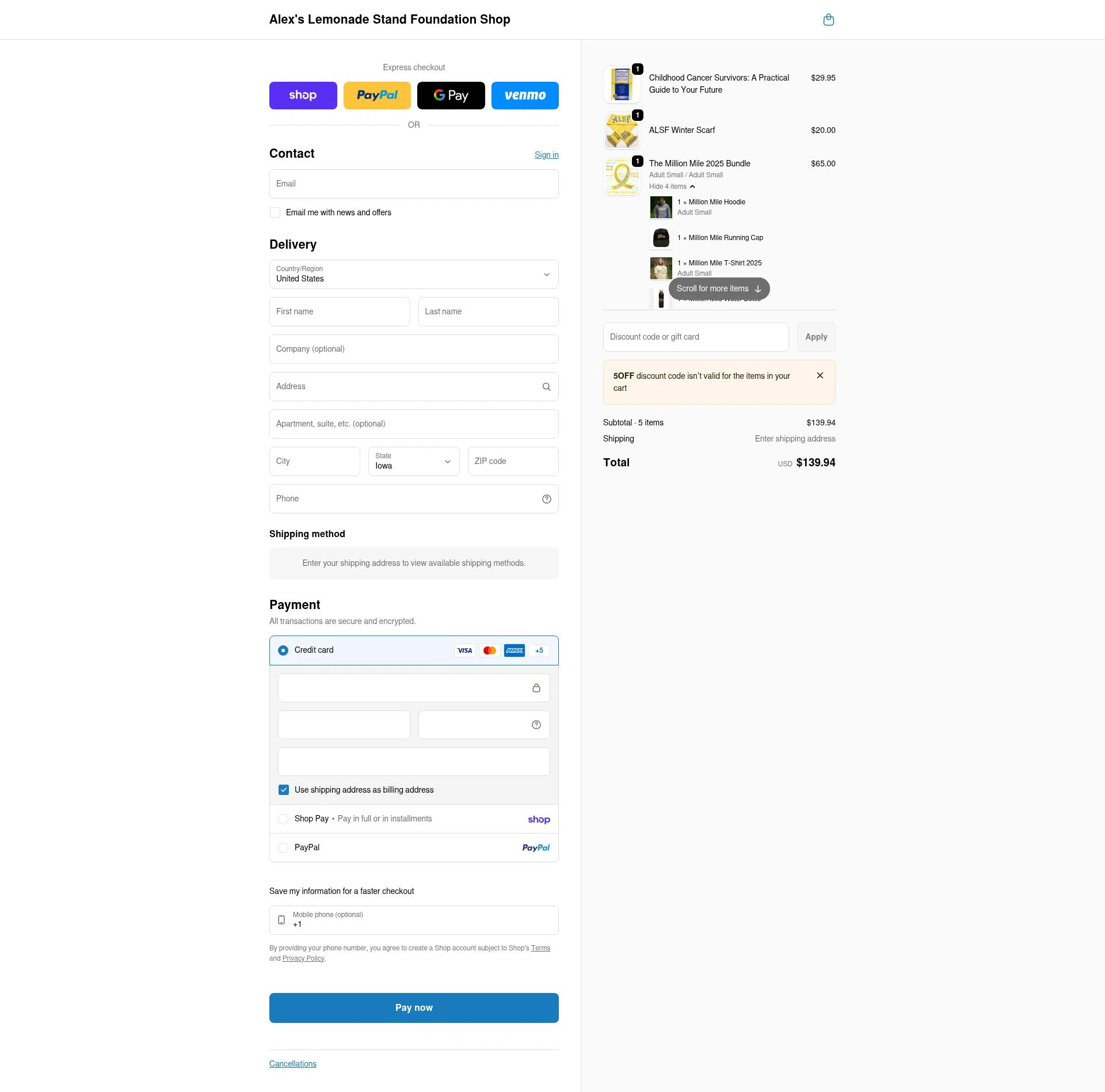 Alex’s Lemonade Stand Foundation checkout page showing Alex’s Lemonade Stand Foundation promo code box | Screenshot taken by SimplyCodes community member on Feb 10, 2026