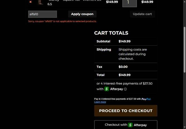 Alfa Western Wear checkout page showing Alfa Western Wear coupon code box | Screenshot taken by SimplyCodes community member on Aug 4, 2025