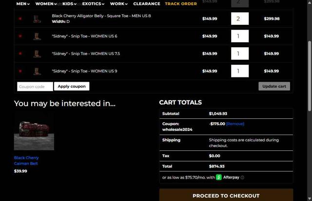 Alfa Western Wear checkout page showing Alfa Western Wear coupon code box | Screenshot taken by SimplyCodes community member on May 21, 2025