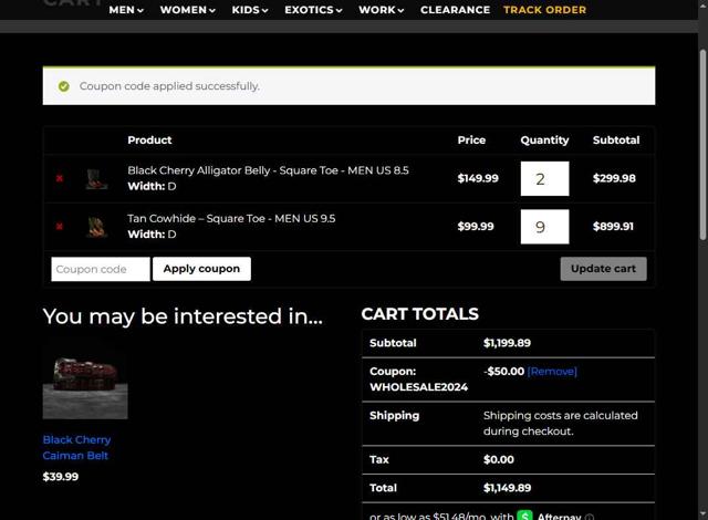 Alfa Western Wear checkout page showing Alfa Western Wear coupon code box | Screenshot taken by SimplyCodes community member on Jul 15, 2025