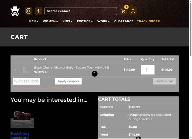 Alfa Western Wear checkout page showing Alfa Western Wear coupon code box | Screenshot taken by SimplyCodes community member on Jul 15, 2025