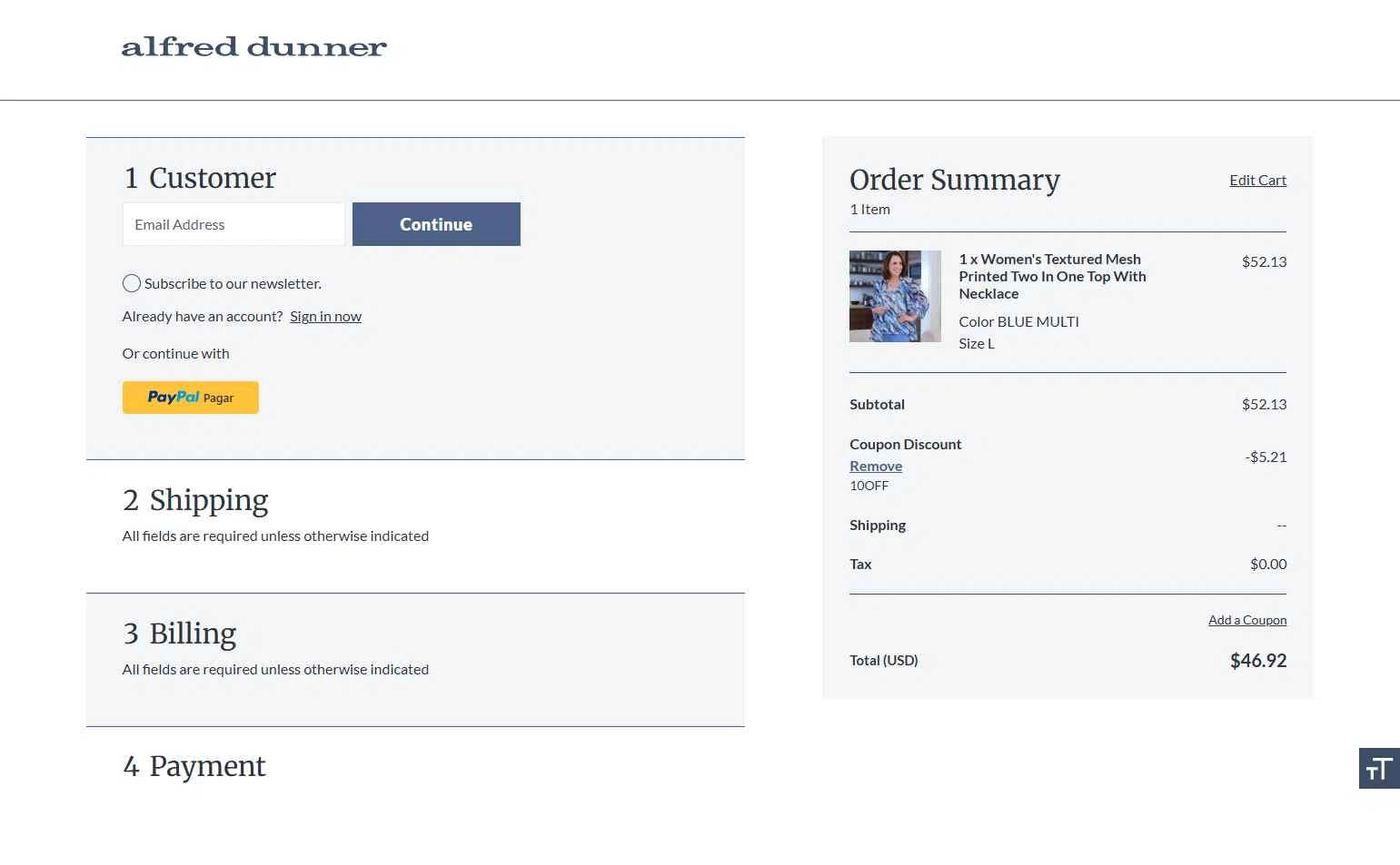 Alfred Dunner checkout page showing Alfred Dunner promo code box | Screenshot taken by SimplyCodes community member on Oct 3, 2025
