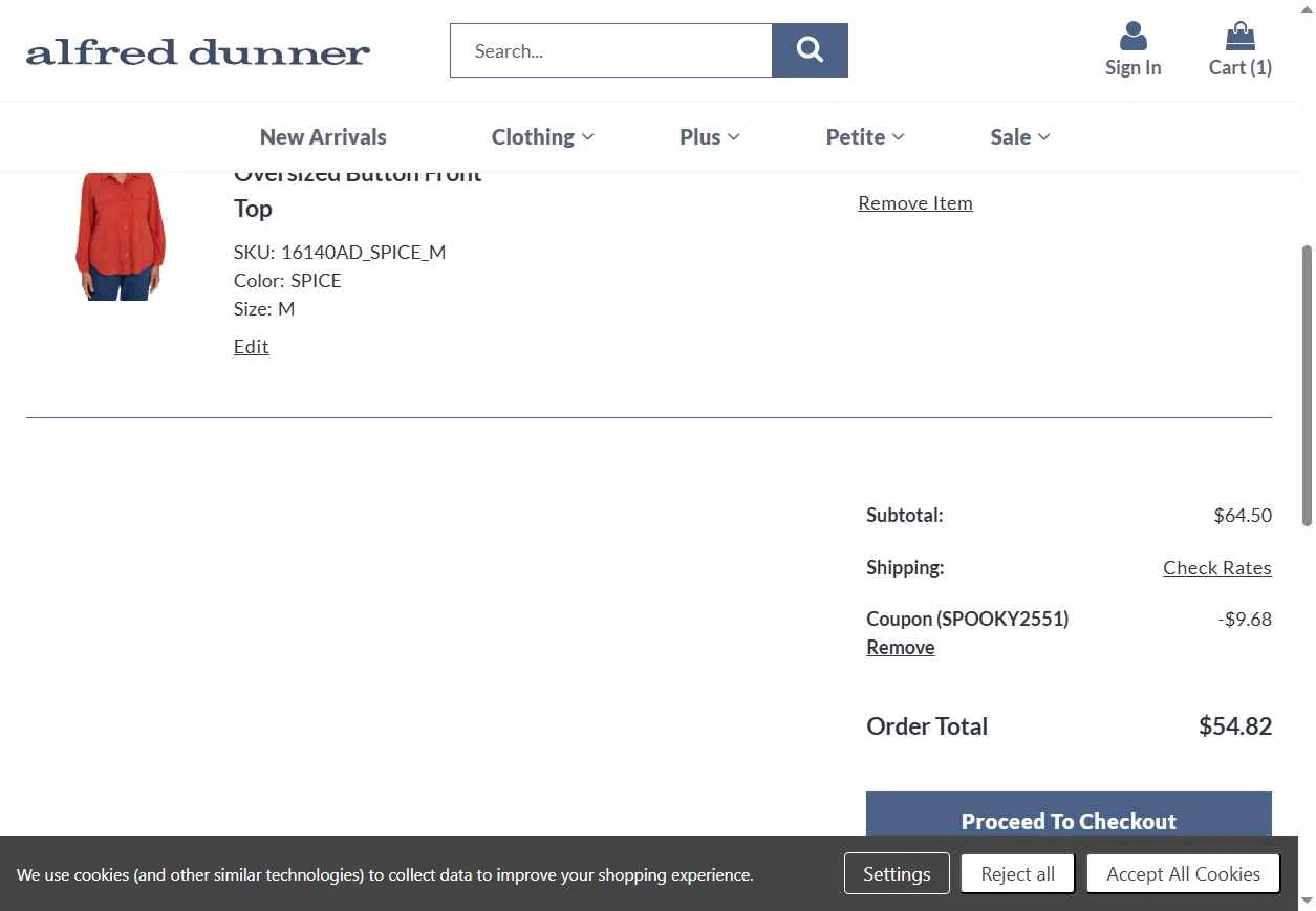 Alfred Dunner checkout page showing Alfred Dunner promo code box | Screenshot taken by SimplyCodes community member on Oct 1, 2025