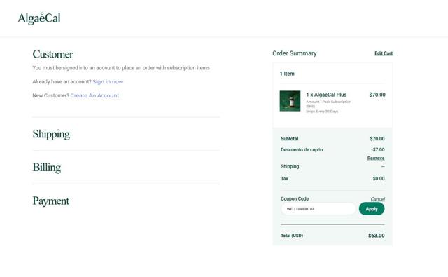 AlgaeCal checkout page showing AlgaeCal coupon code box | Screenshot taken by SimplyCodes community member on Jul 25, 2025